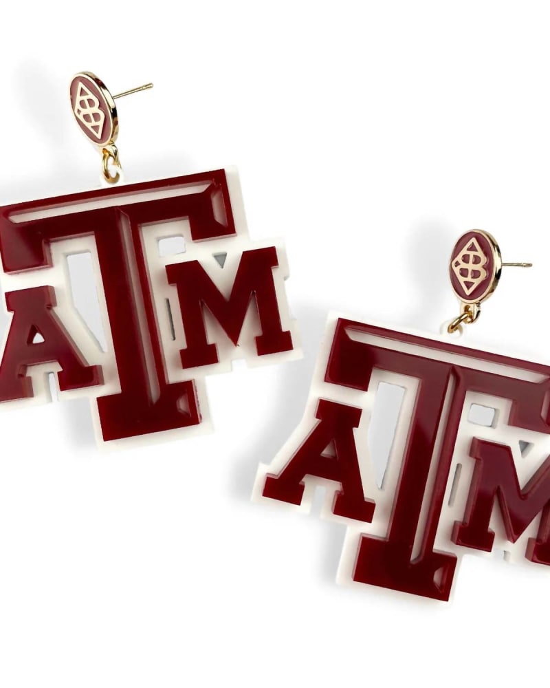 Front of a size One Size Texas A&M Logo Earrings in Maroon And White in Maroon And White by Brianna Cannon. | dia_product_style_image_id:330985